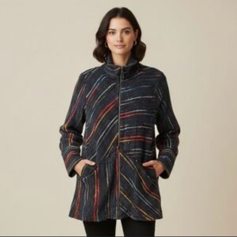 SOFT SURROUNDINGS Womens Large Kinsale Bouclé Jacket Zip Front Striped Pockets